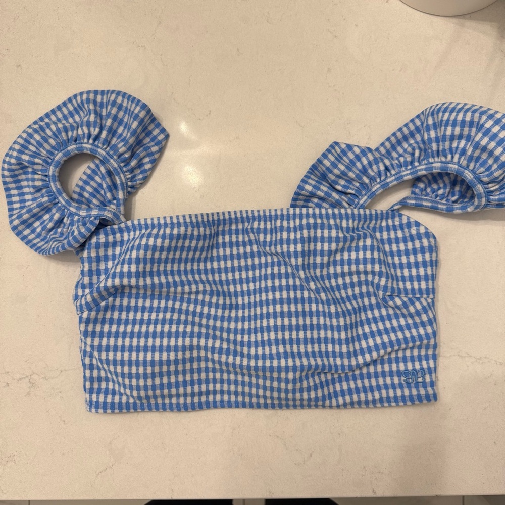 Albion Blue Gingham swim top with Ruffled Sleeves - Picture 1 of 4